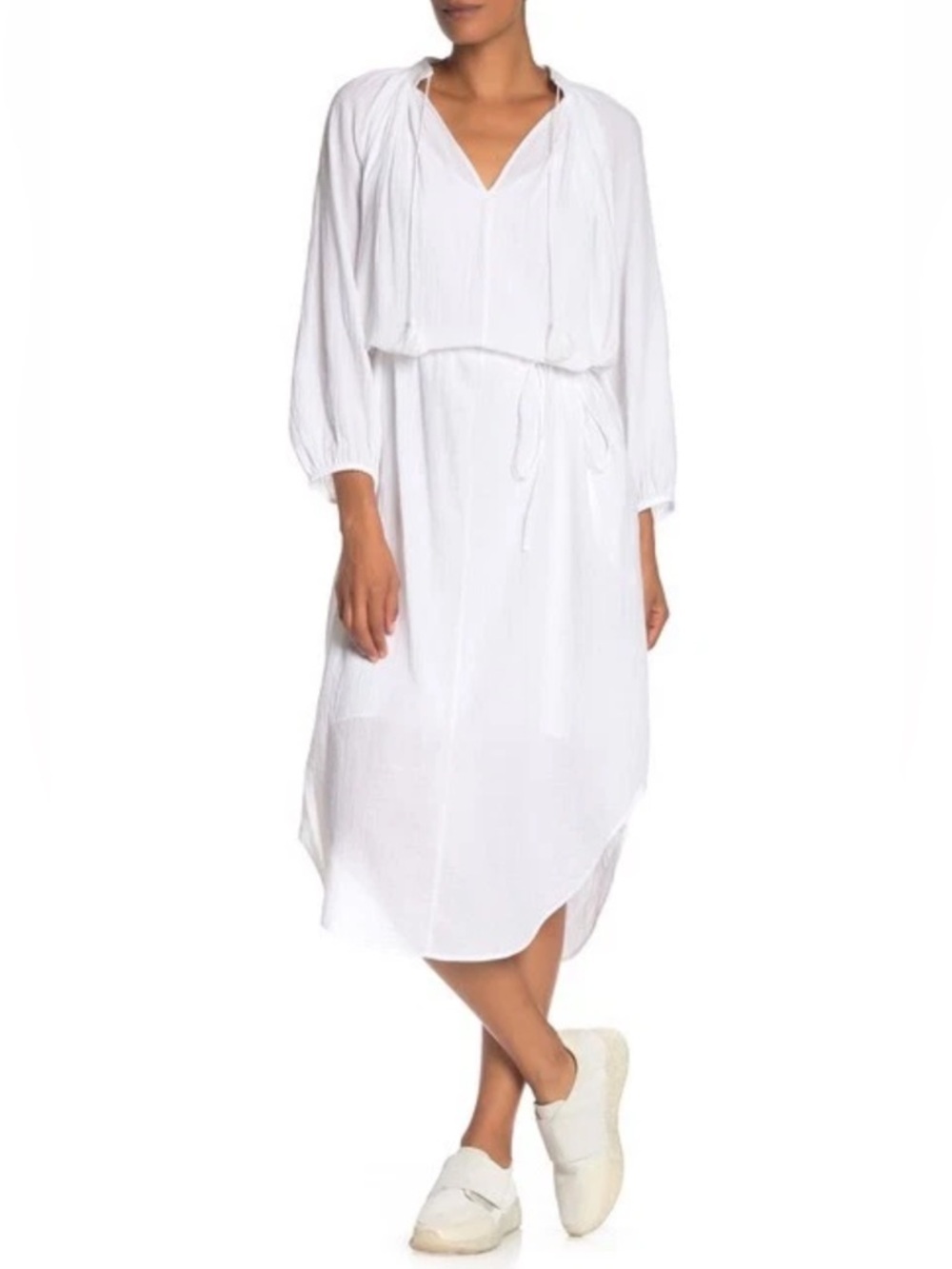 Vince Long Sleeve Poet Midi Dress White V-Neck Drawstring Casual Women’s Size Xs
